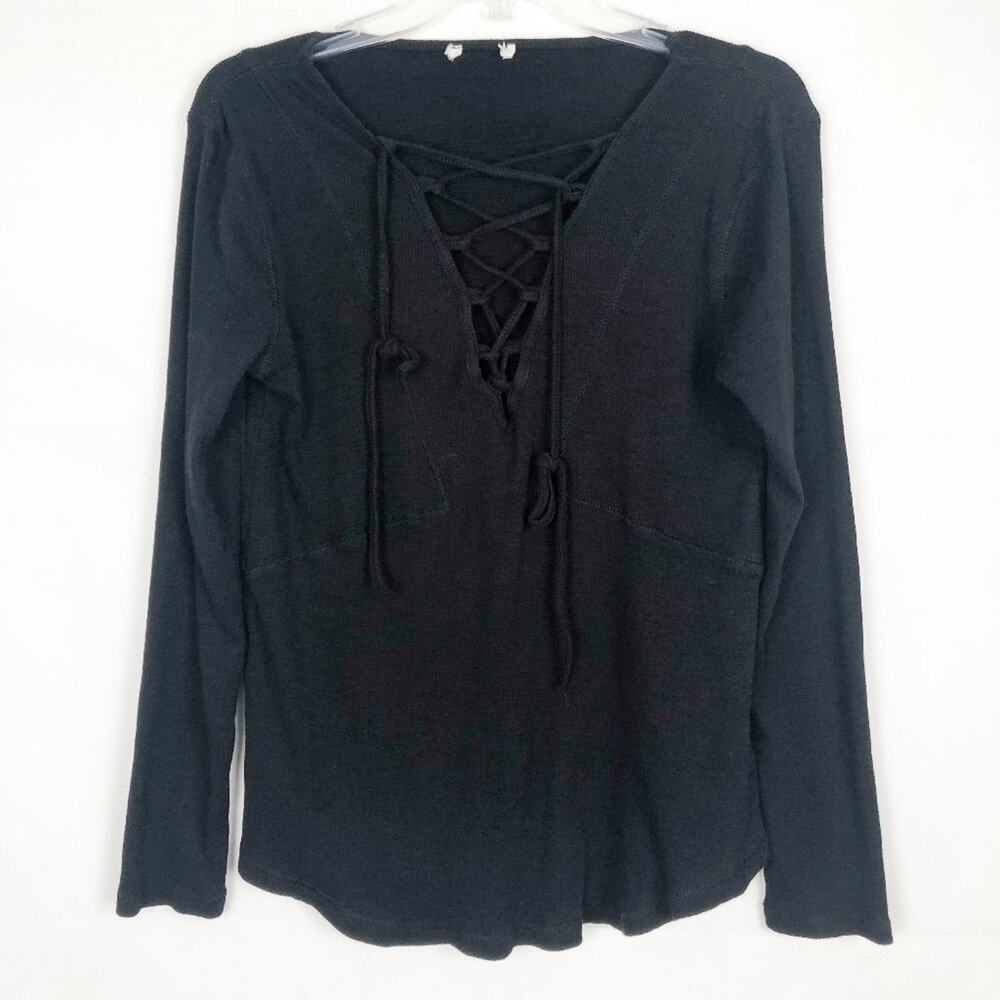 Women's Long Sleeve Lace Up Black Boho Top Size M